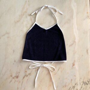 AMERICAN APPAREL NAVY TERRY CLOTH WHITE TRIM HALTER TOP LARGE